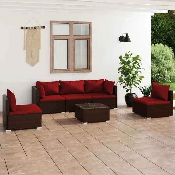Salon de jardin 6 pcs avec coussins Résine tressée Marron