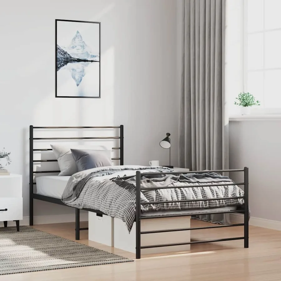 Cadre de lit métal sans matelas avec pied de lit noir 100x190cm