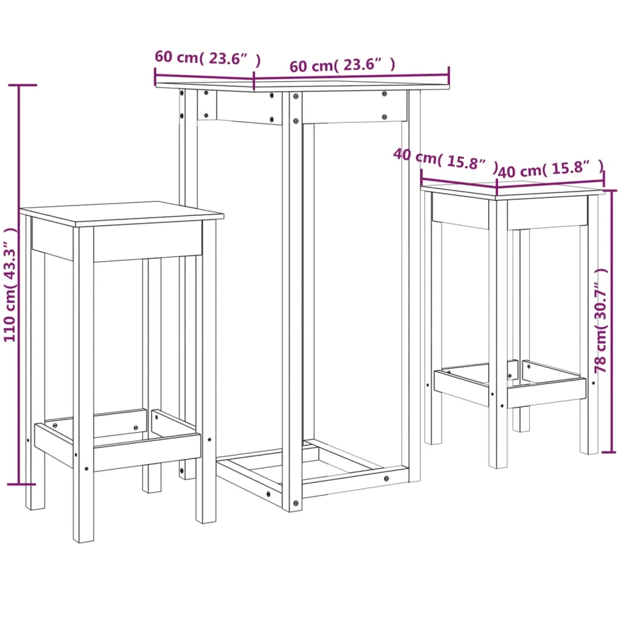 Ensemble de bar 3 pcs Blanc Bois de pin massif - 11
