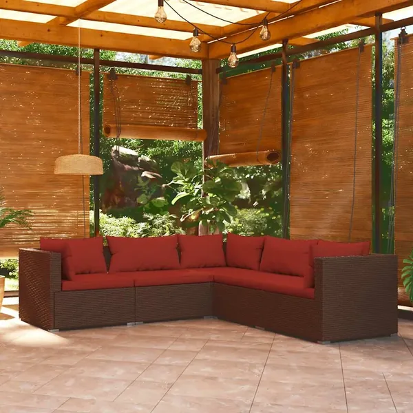 Salon de jardin 5 pcs avec coussins résine tressée marron