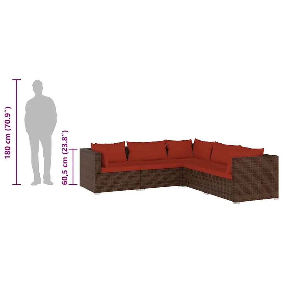 Salon de jardin 5 pcs avec coussins résine tressée marron - 8