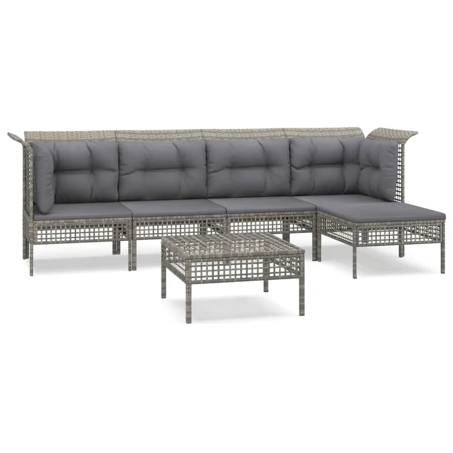 Salon de jardin 6 pcs avec coussins Gris Résine tressée - 2