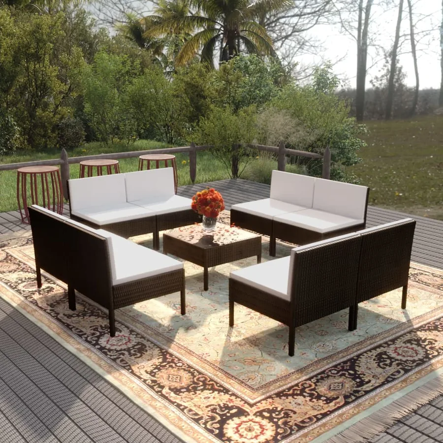 Salon de jardin 9 pcs avec coussins Résine tressée Noir