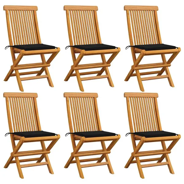 Chaises de jardin et coussins noir lot de 6 Bois de teck massif