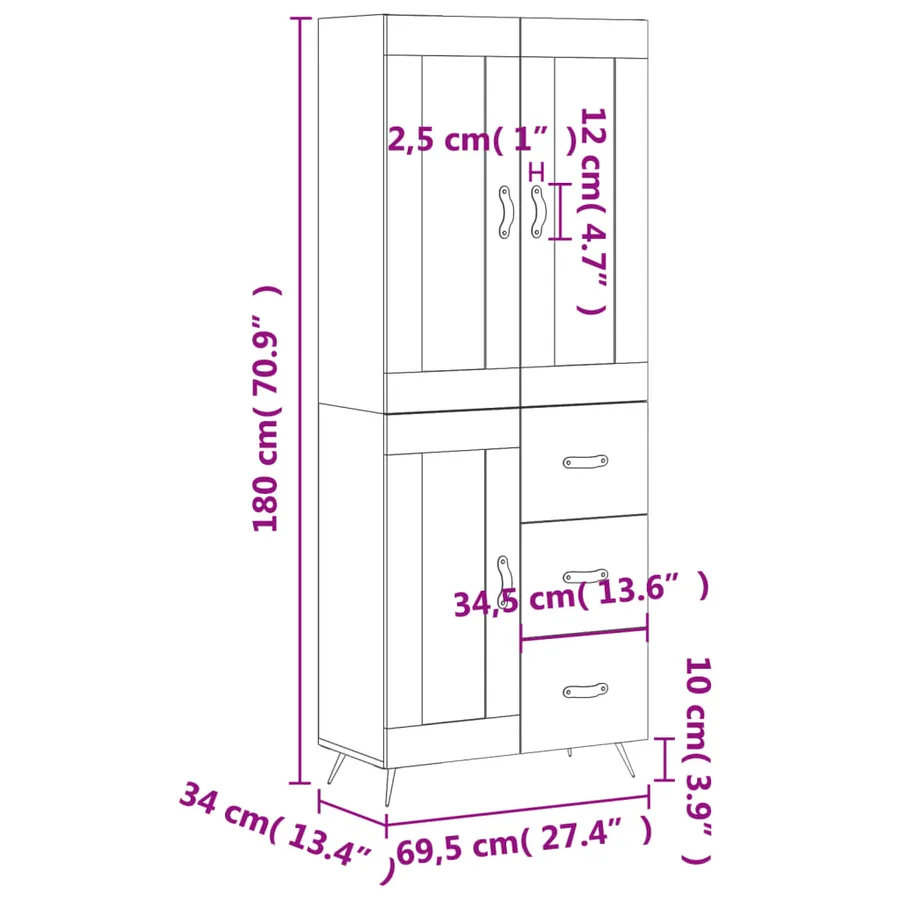 Buffet haut Gris béton 69,5x34x180 cm Bois d'ingénierie - 14