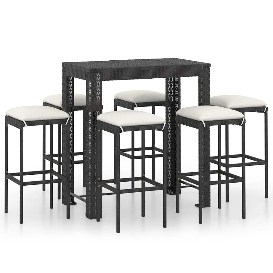 Ensemble de bar de jardin 7 pcs et coussins Résine tressée Noir - 2