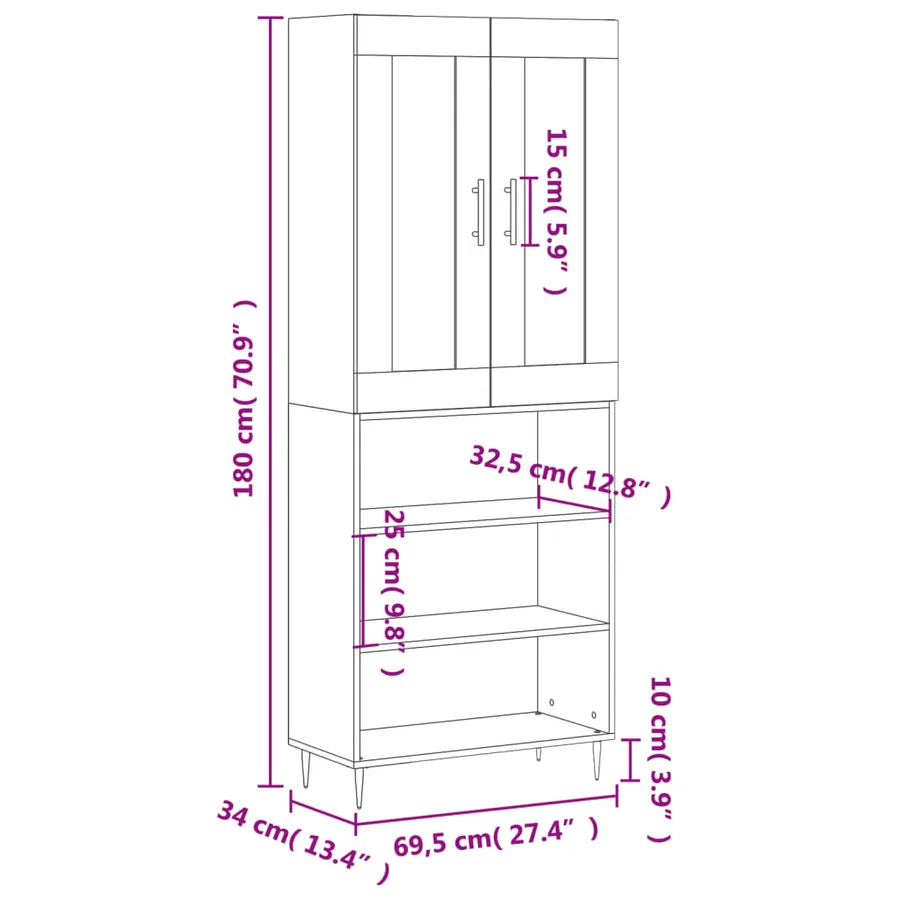 Buffet haut Sonoma gris 69,5x34x180 cm Bois d'ingénierie - 13
