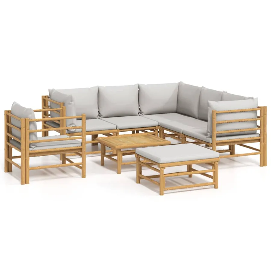 Salon de jardin 8 pcs avec coussins gris clair bambou - 2