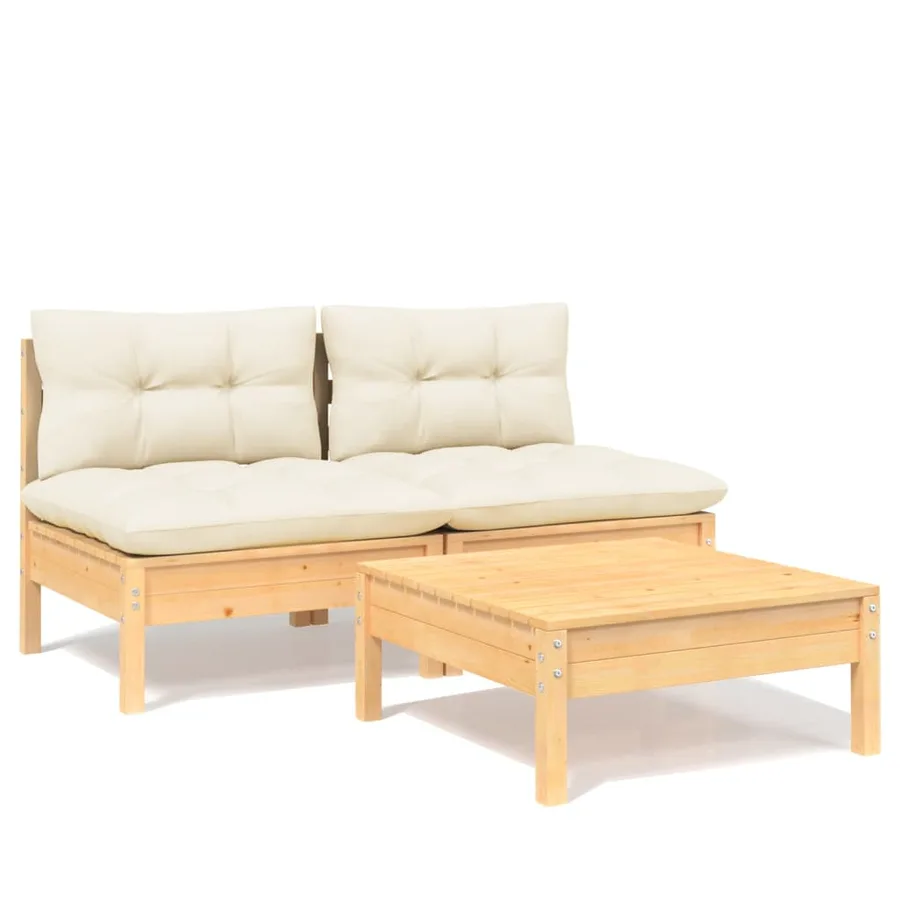 Salon de jardin 3 pcs avec coussins crème bois de pin - 2