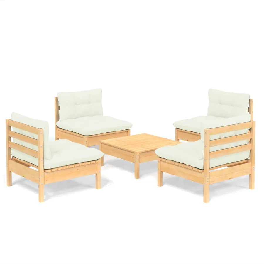 Salon de jardin 5 pcs avec coussins crème bois de pin - 2