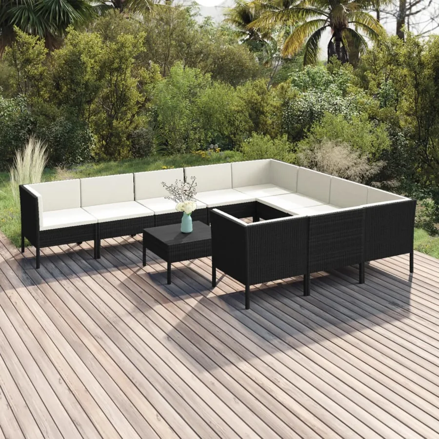 Salon de jardin 11 pcs avec coussins Résine tressée Noir