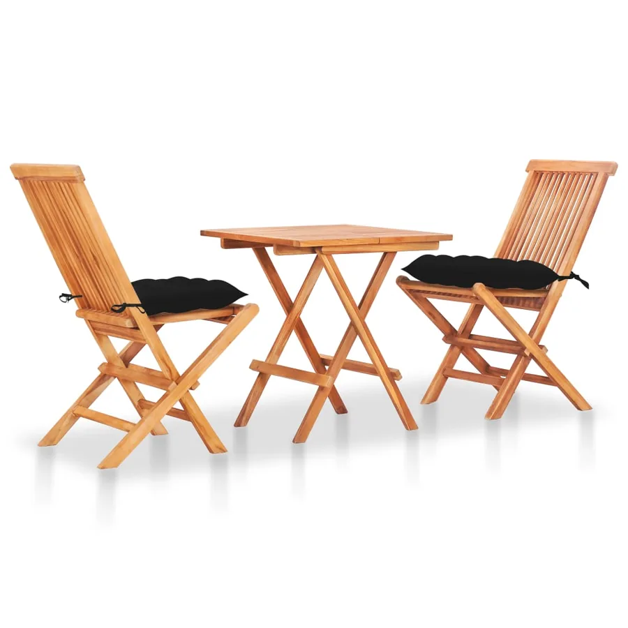 Ensemble de bistro 3 pcs avec coussins noir Bois de teck massif