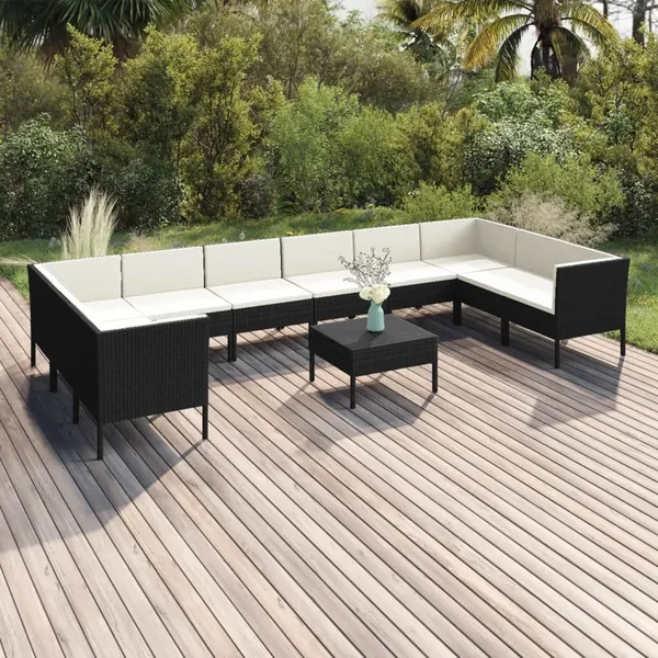 Salon de jardin 11 pcs avec coussins Résine tressée Noir