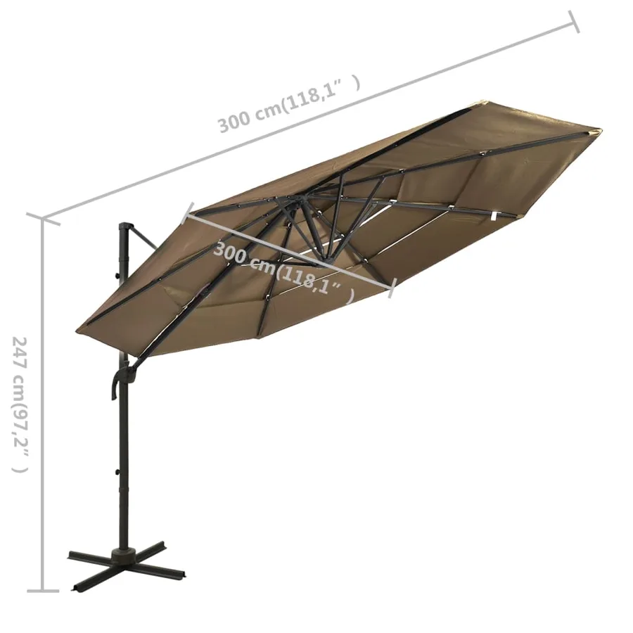 Parasol de jardin à 4 niveaux avec mât en aluminium taupe 3x3 m - 8