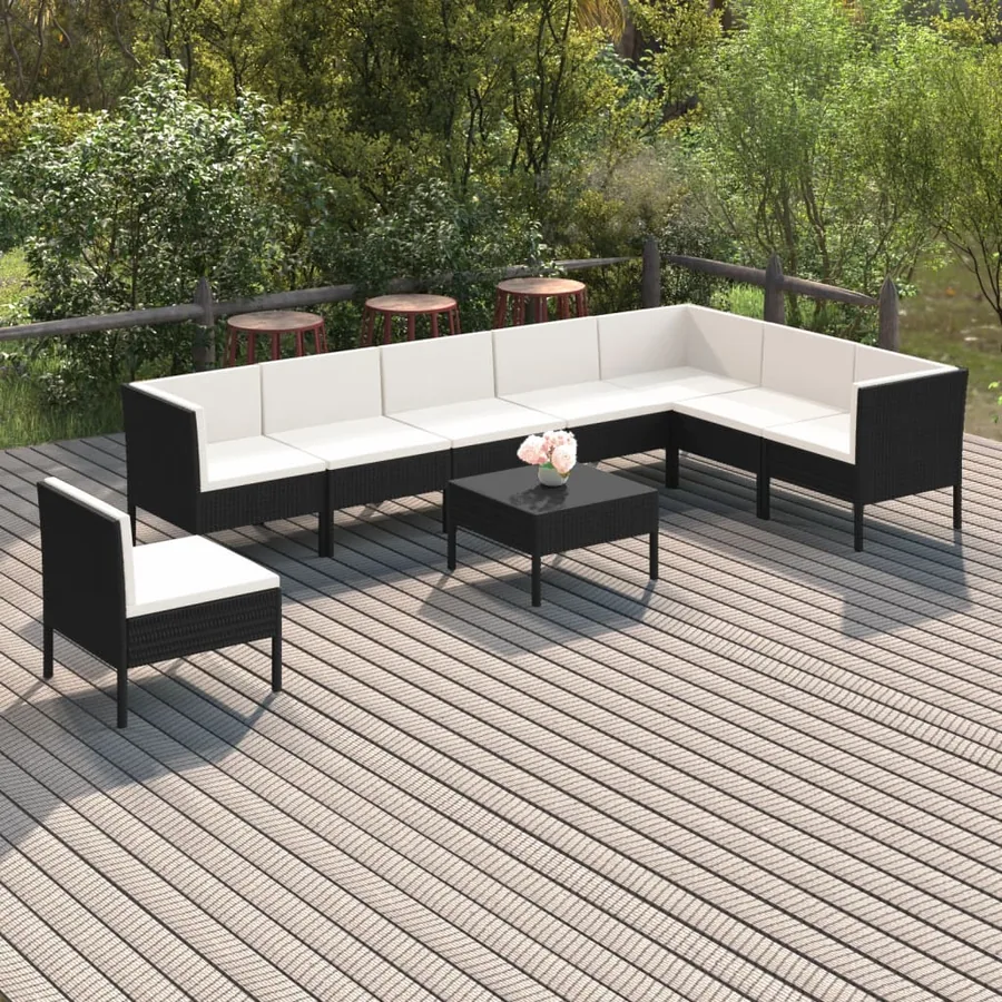 Salon de jardin 9 pcs avec coussins Résine tressée Noir