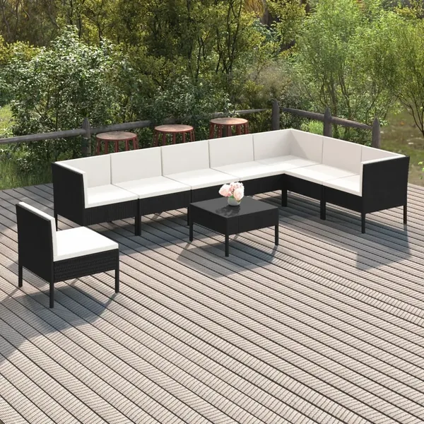 Salon de jardin 9 pcs avec coussins Résine tressée Noir