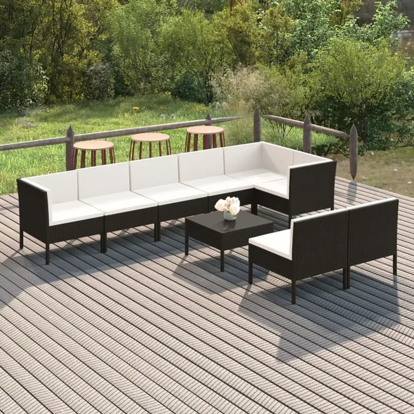 Salon de jardin 9 pcs avec coussins Résine tressée Noir