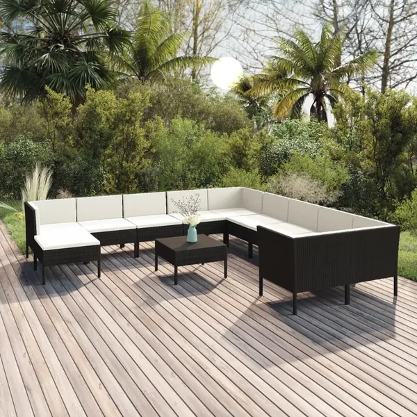 Salon de jardin 12 pcs avec coussins résine tressée noir