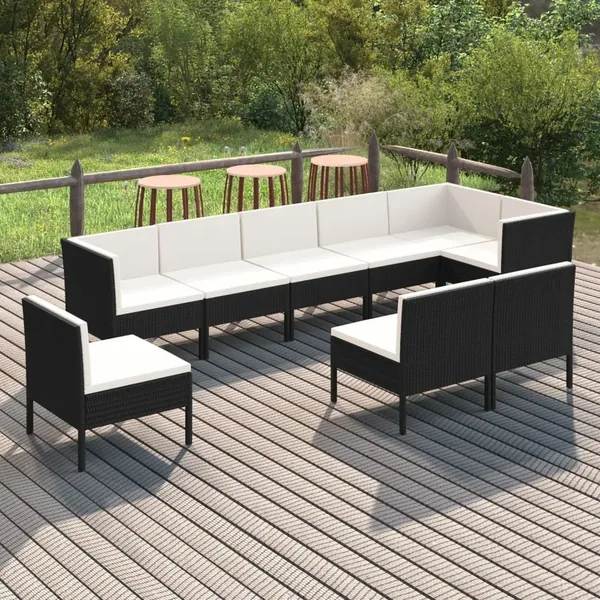 Salon de jardin 9 pcs avec coussins Résine tressée Noir