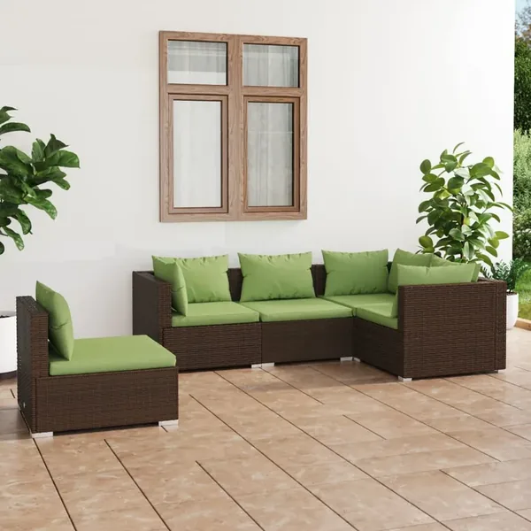 Salon de jardin 5 pcs avec coussins résine tressée marron