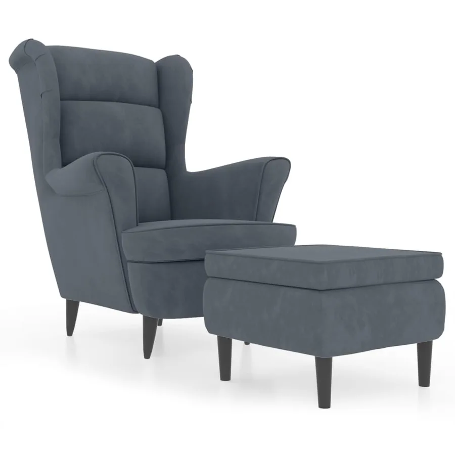 Fauteuil à oreilles avec tabouret gris foncé velours - 2