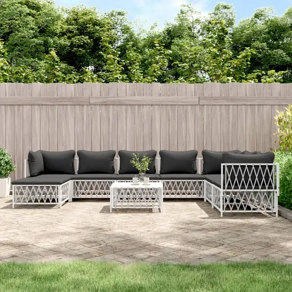 Salon de jardin avec coussins 9 pcs blanc acier