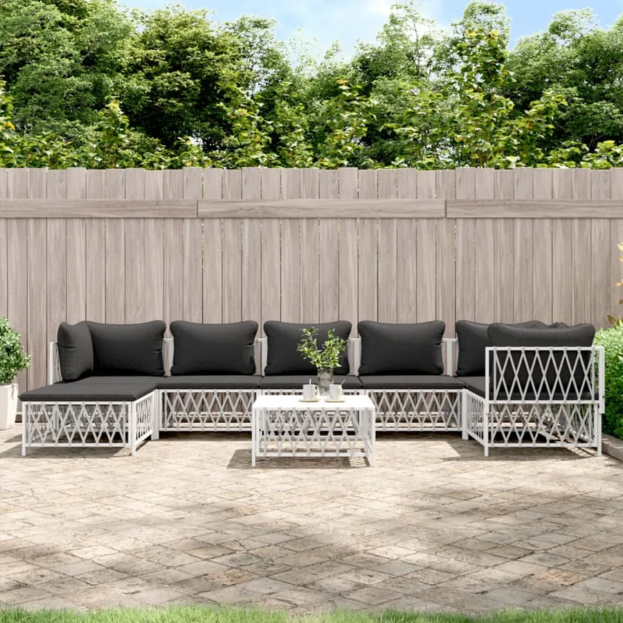 Salon de jardin 8 pcs avec coussins blanc acier