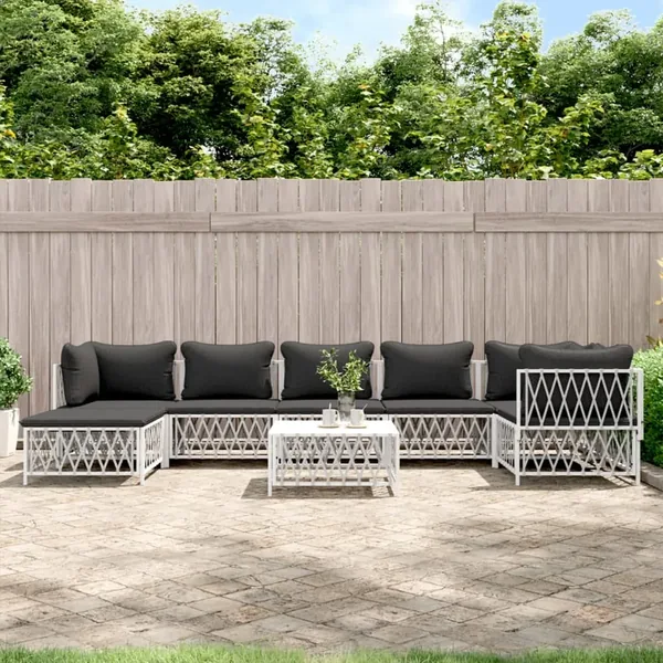 Salon de jardin 8 pcs avec coussins blanc acier