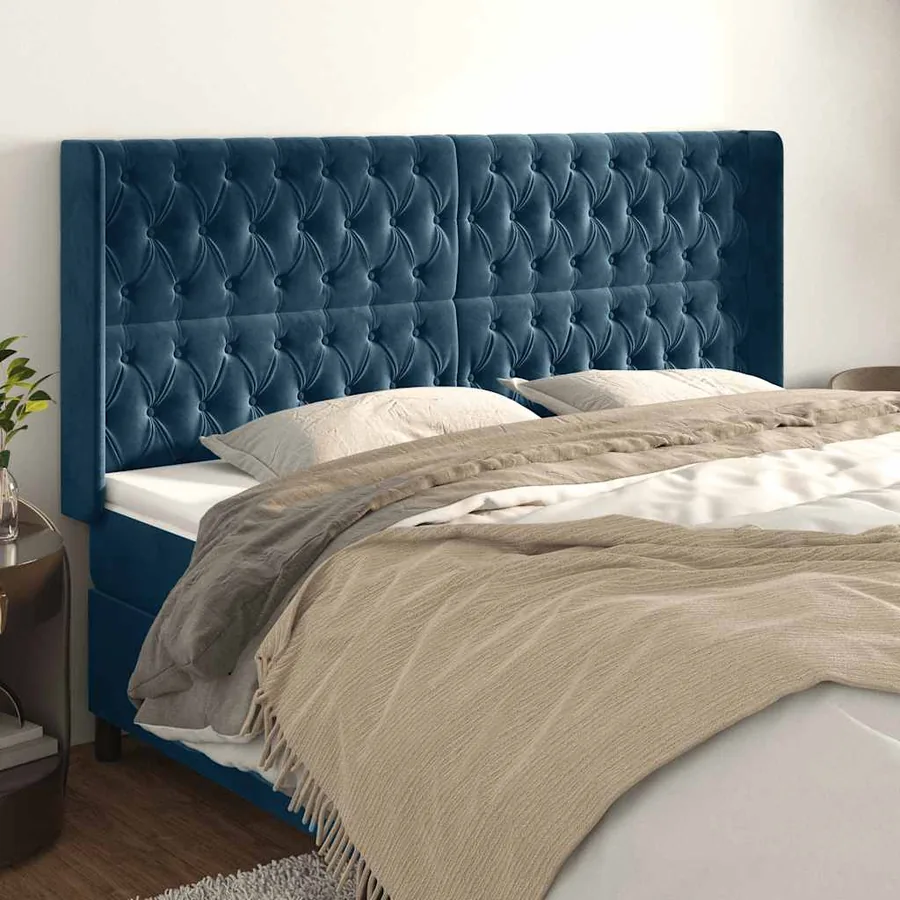 Tête de lit avec oreilles Bleu foncé 203x16x118/128 cm Velours