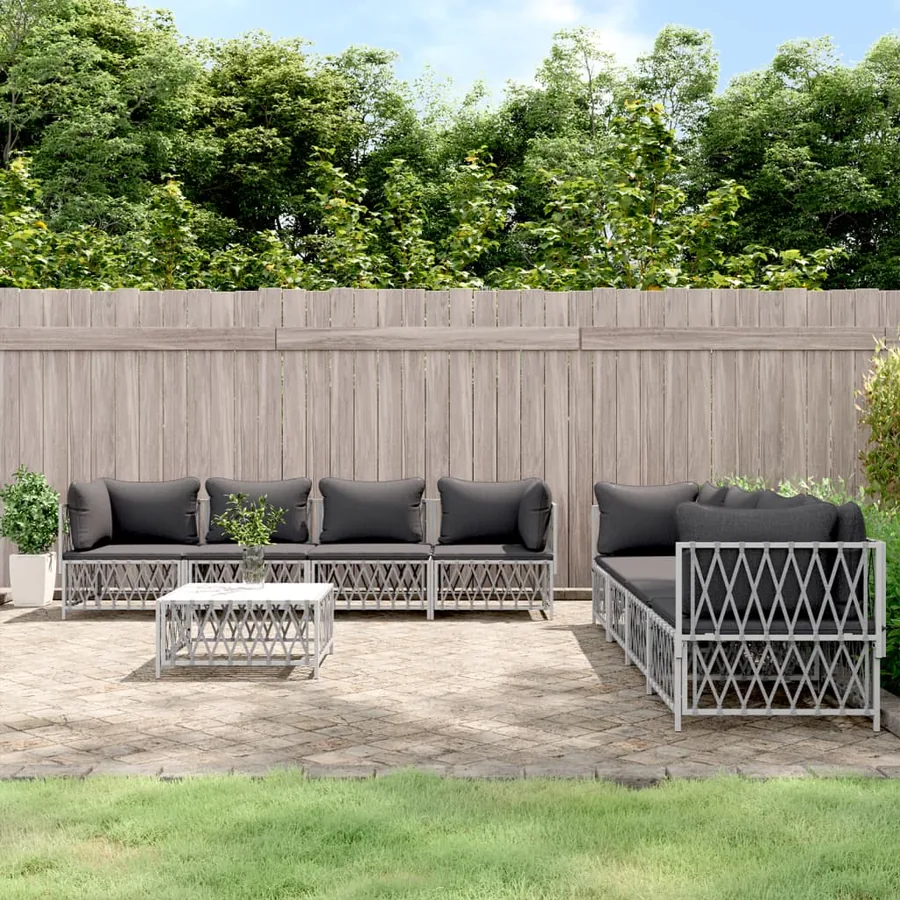 Salon de jardin avec coussins 9 pcs blanc acier