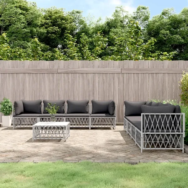 Salon de jardin avec coussins 9 pcs blanc acier