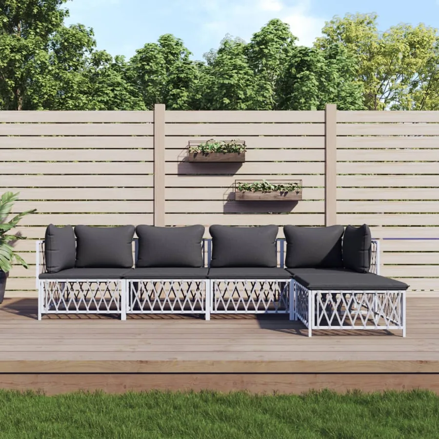 Salon de jardin avec coussins 5 pcs blanc acier