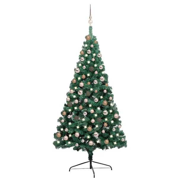 Demi-arbre de Noël artificiel pré-éclairé et boules vert 180 cm