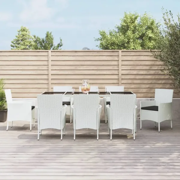 Ensemble à manger de jardin et coussins 9 pcs blanc poly rotin