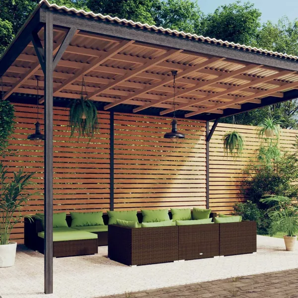 Salon de jardin 10 pcs avec coussins marron résine tressée