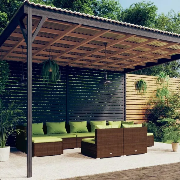 Salon de jardin avec coussins 9 pcs marron résine tressée