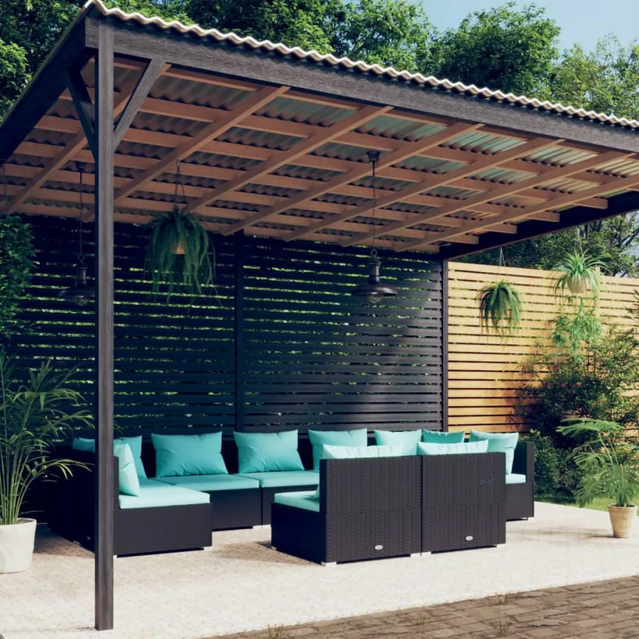 Salon de jardin 9 pcs avec coussins Noir Résine tressée
