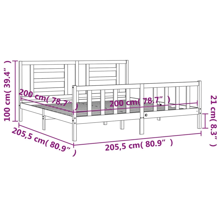 Cadre de lit sans matelas noir 200x200 cm bois massif de pin - 12