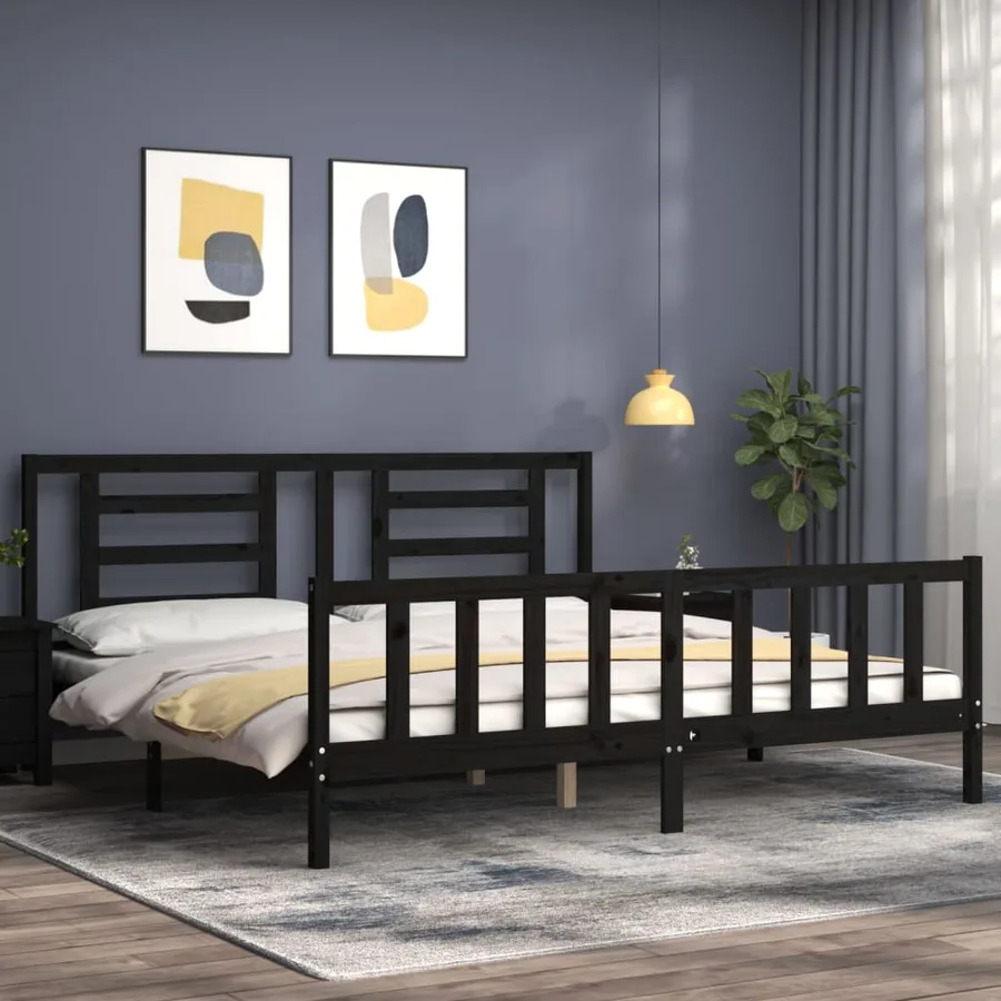 Cadre de lit sans matelas noir 200x200 cm bois massif de pin - 3