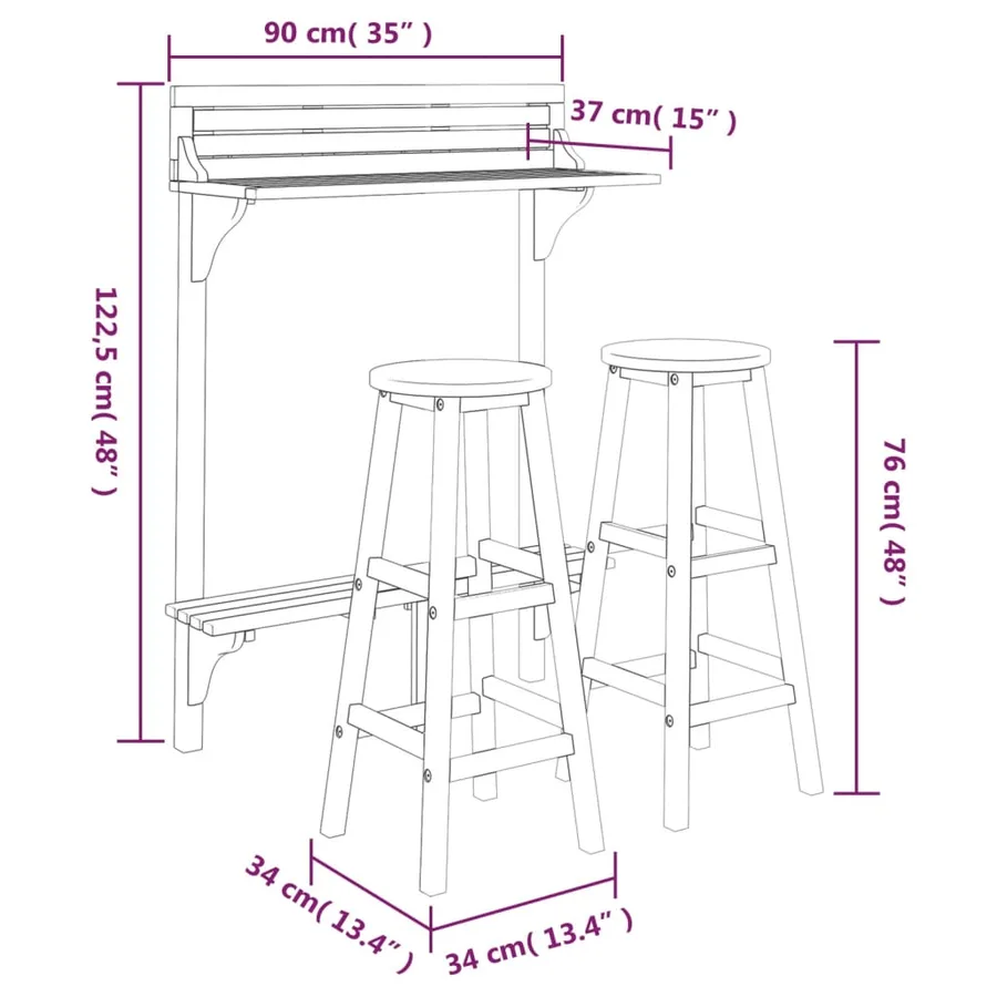 Ensemble de bar de balcon 3 pcs Bois d'acacia massif - 8