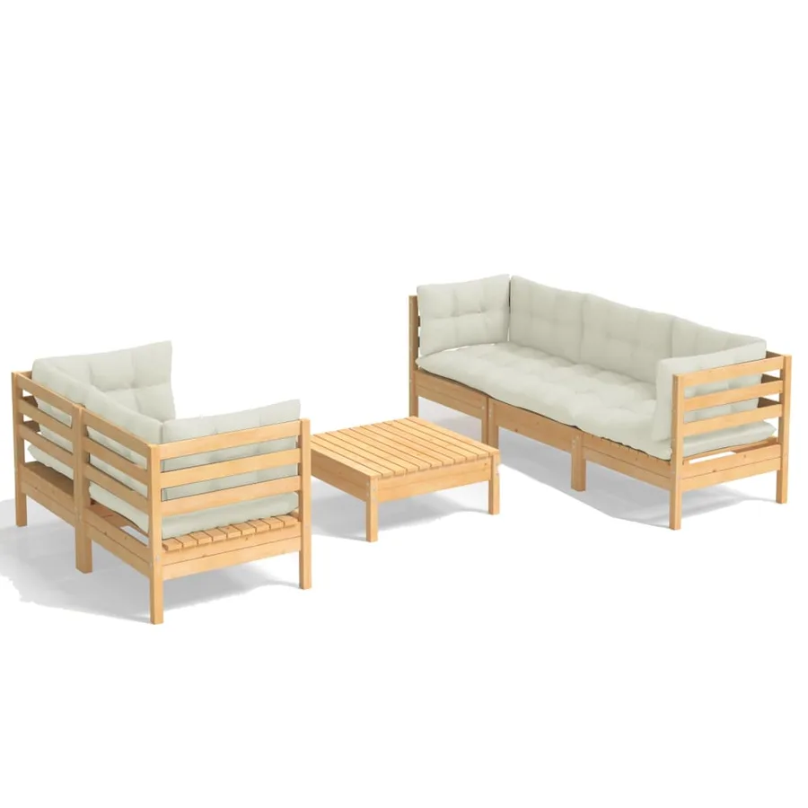 Salon de jardin 6 pcs avec coussins crème bois de pin - 2