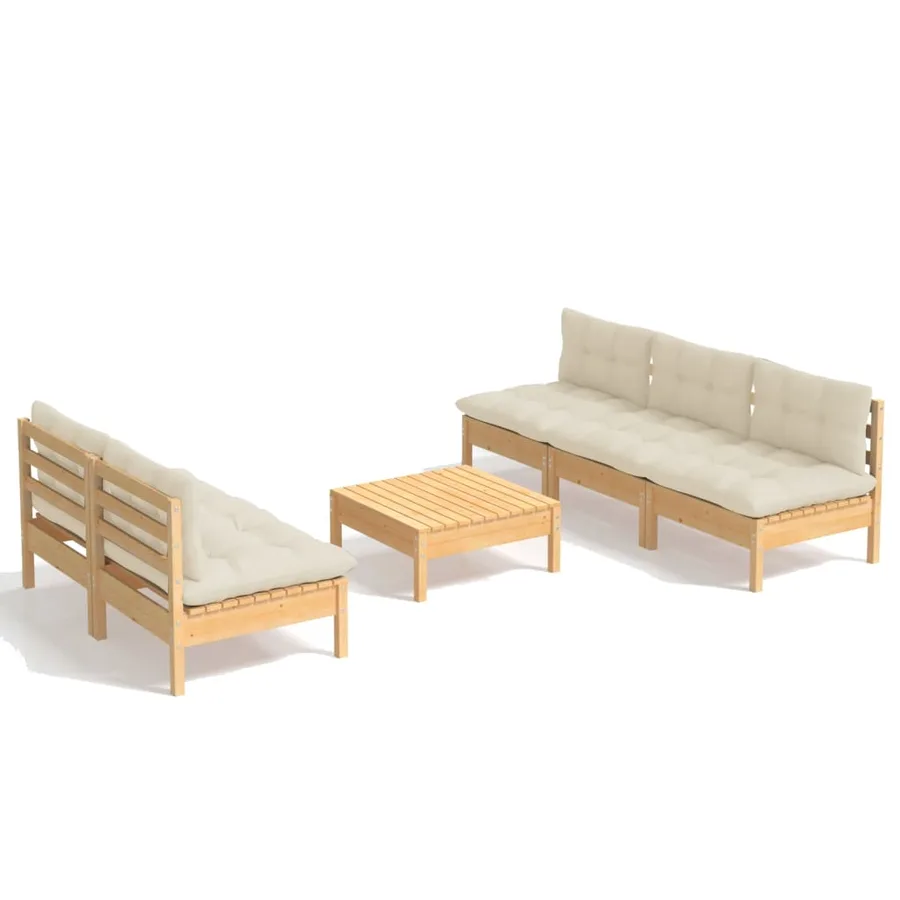 Salon de jardin 6 pcs avec coussins crème bois de pin - 2