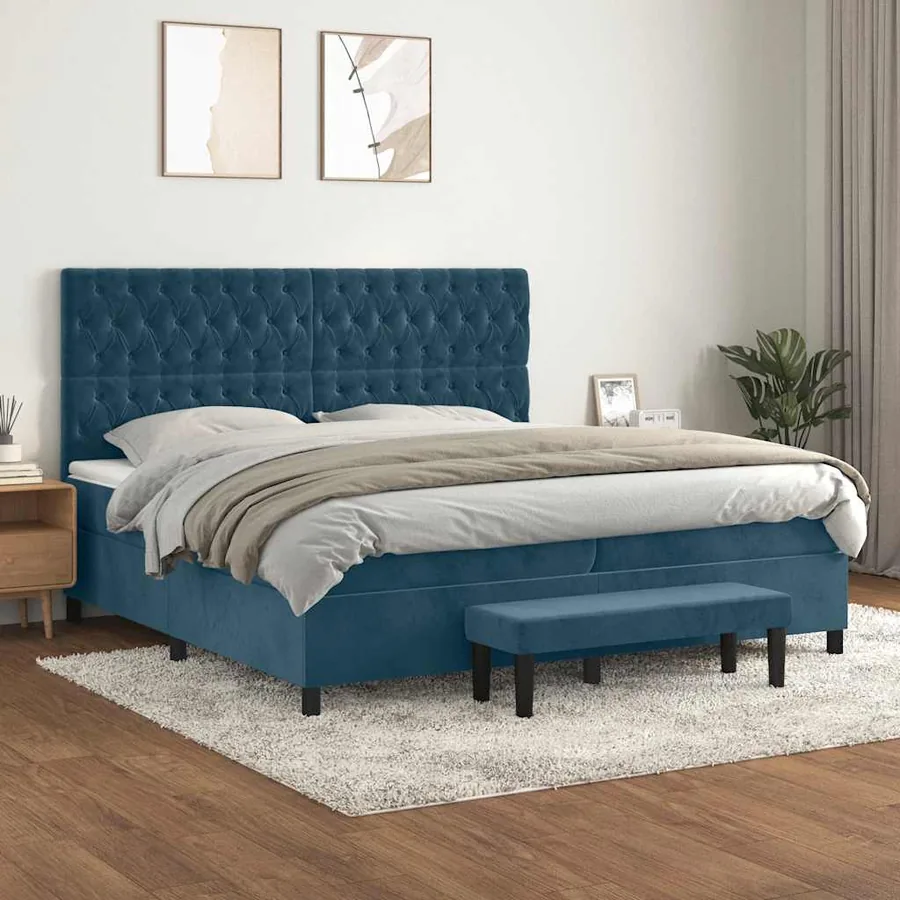 Sommier à lattes de lit et matelas Bleu foncé 200x200cm Velours