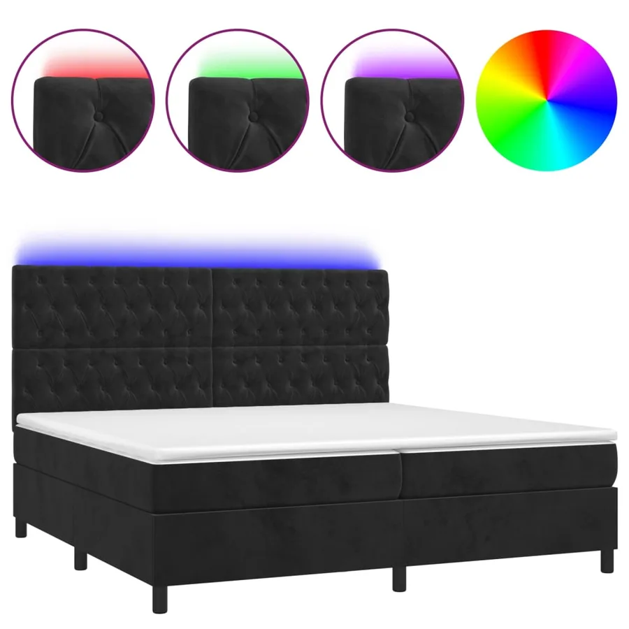 Sommier à lattes de lit matelas et LED Noir 200x200 cm Velours - 2
