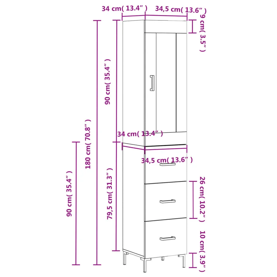 Buffet haut Blanc 34,5x34x180 cm Bois d'ingénierie - 14