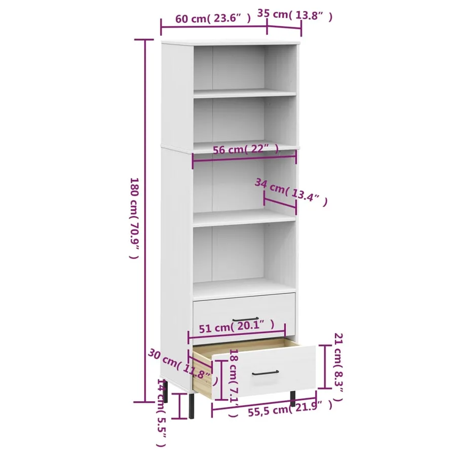 Bibliothèque à 2 tiroirs Blanc 60x35x180 cm Bois massif OSLO - 8