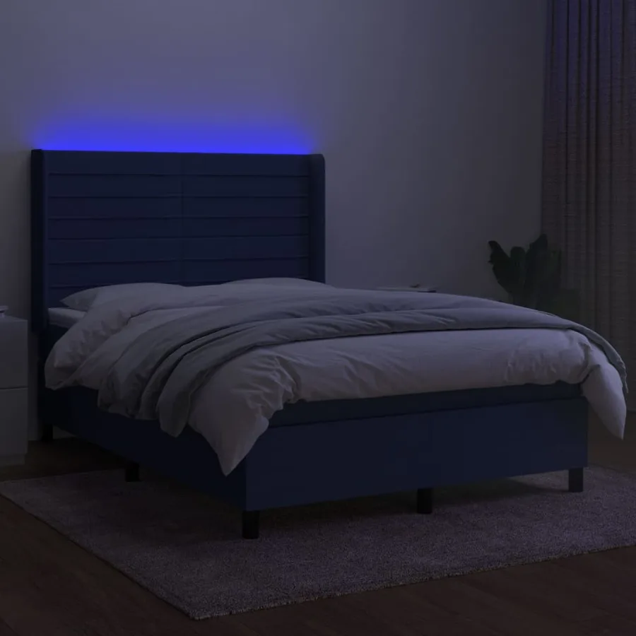 Sommier à lattes de lit matelas et LED Bleu 140x190 cm Tissu - 3