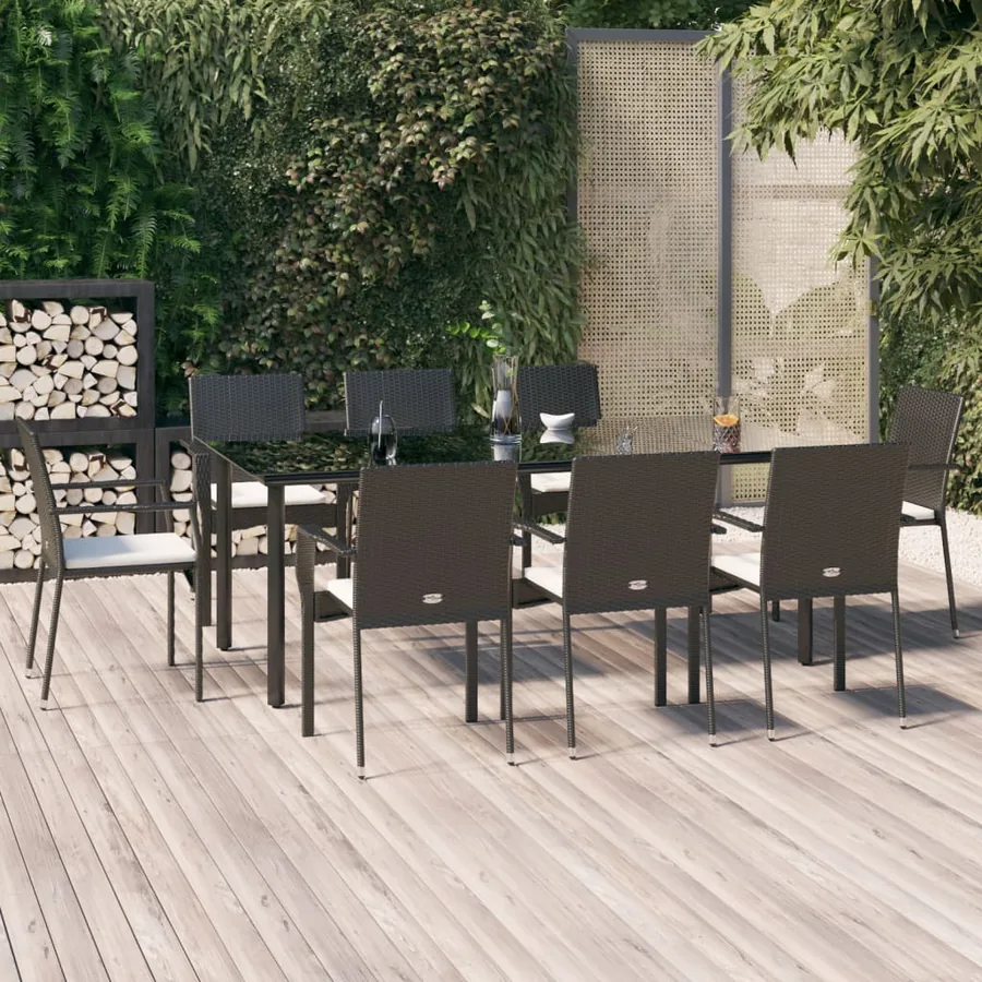 Ensemble à manger jardin 9pcs et coussins noir résine tressée