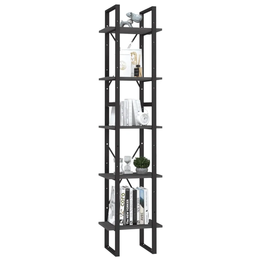 Bibliothèque à 5 niveaux Gris 40x30x175 cm Bois de pin - 3