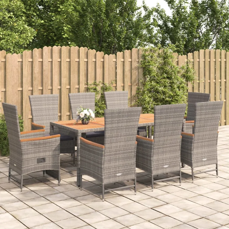 Ensemble à manger de jardin 9 pcs coussins gris résine tressée